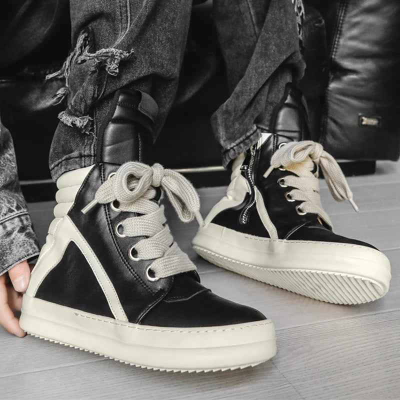 Men's High-Top Leather Sneakers - Casual Sports Ankle Boots