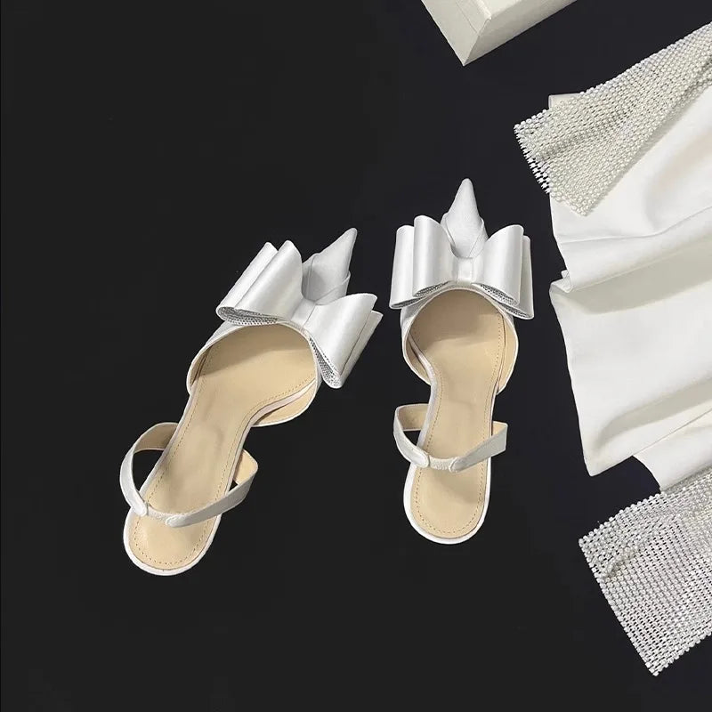 Women's Rhinestone Bowknot Satin Pointed Heel Sandals - Bridesmaid Party Shoes