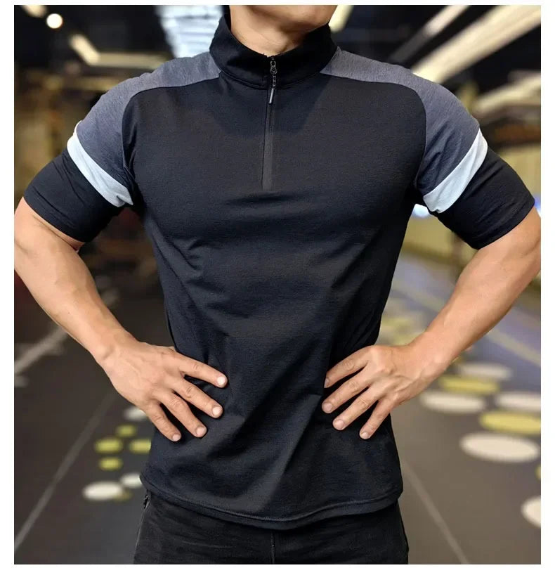 Men's Fitness Running Half Zip Training High Elasticity Muscle T-Shirt