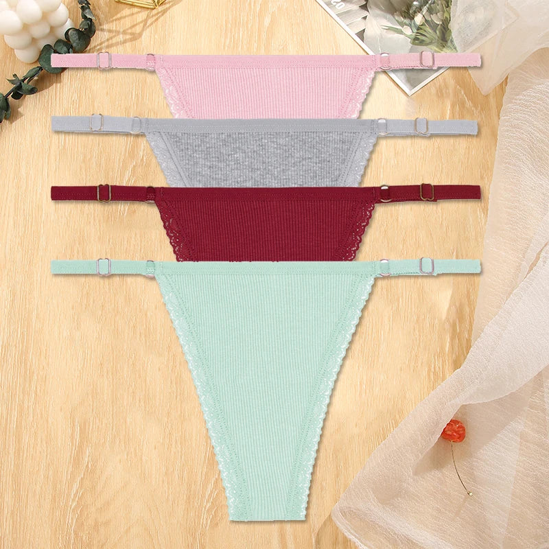 Women's Cotton Thongs 4-Piece Set - Adjustable Waistband Low-Rise Underwear