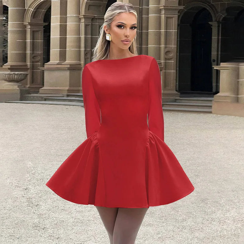 Women's Elegant Bodycon Mini  A-line Hem Splice Round Neck Long Sleeve Dress