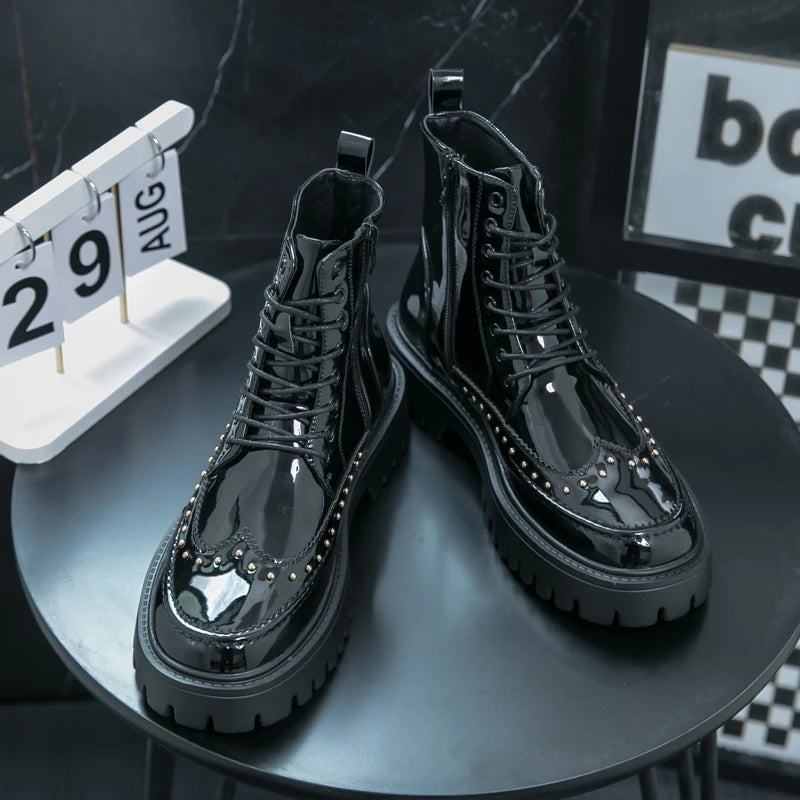 Platform Leather Boots - Men's Motorcycle Style Thick Sole Dress Sneakers