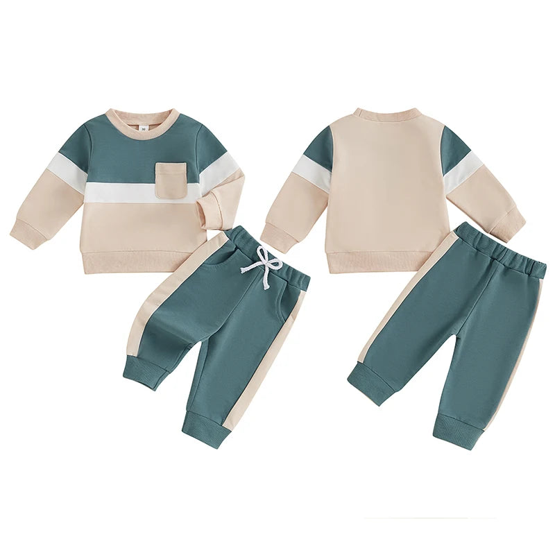 0-4Y Toddler Kids Boys Girls Fall Clothes Sets Contrast Long Sleeve Sweatshirt Tops and Pants Set