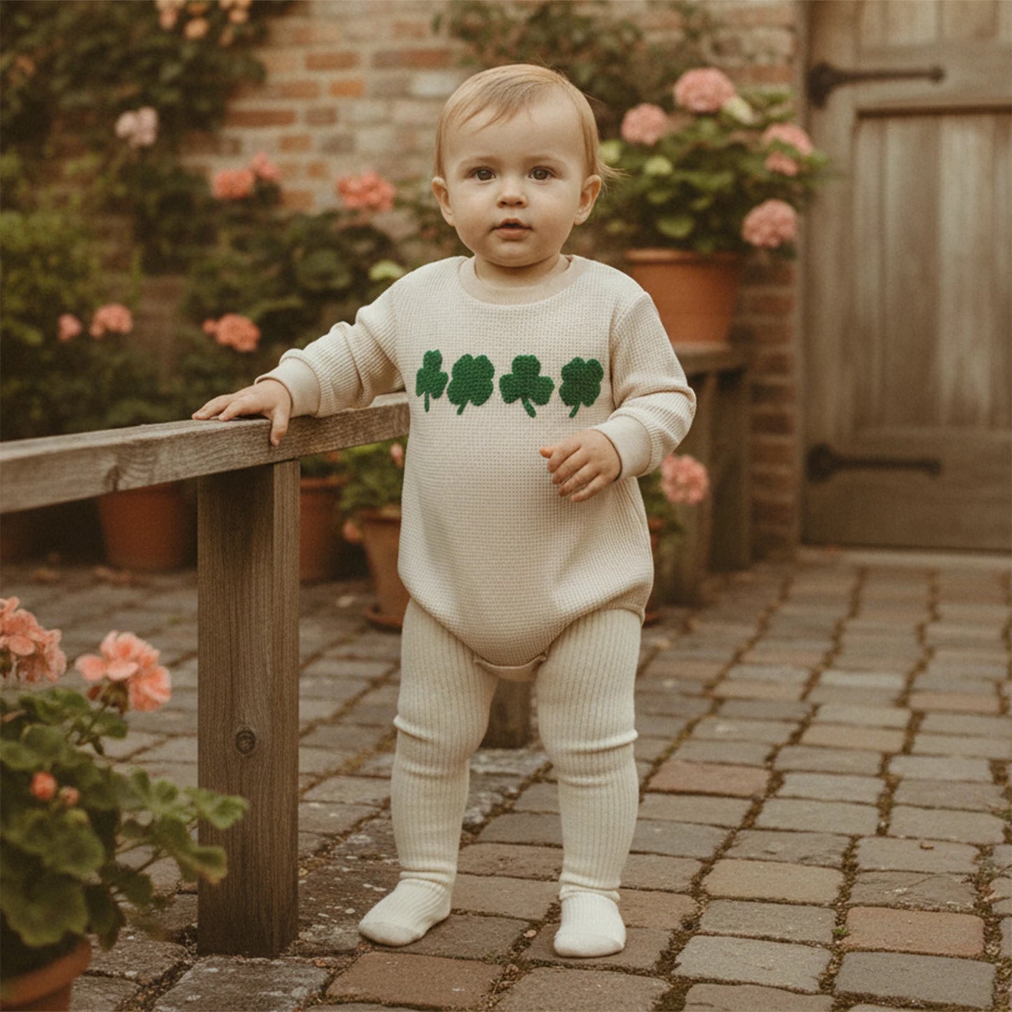 Baby Boys Girls Festival Romper - Shamrock Embroidery Plaid Long Sleeve Jumpsuit