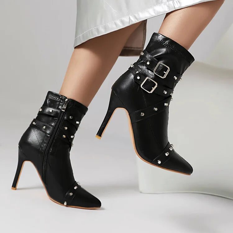 Women's Rivet Belt Buckle 10cm High Heel Short Pointed Side Zipper Leather Ankle Boots