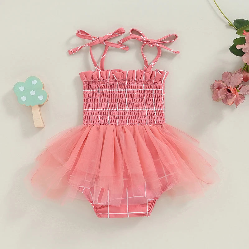 0-18M Lovely Baby Girls Romper Dress Tie-up Sleeveless Pleated Butterfly Tulle Patchwork Summer Jumpsuit