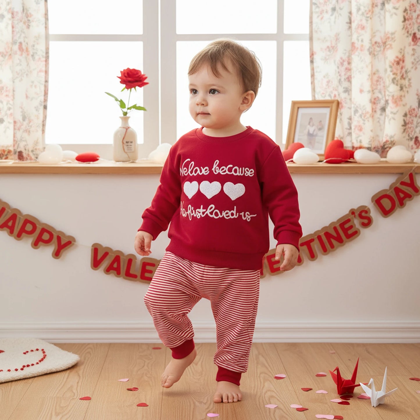Valentine's Day Baby Boys Outfit Set - Heart Embroidery Sweatshirt & Stripe Pants