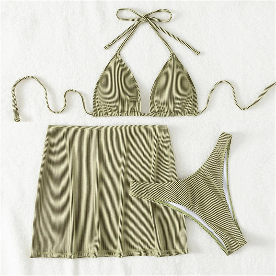 4 Colours With Skirt Ribbed Three-pieces Halter Bikini Set