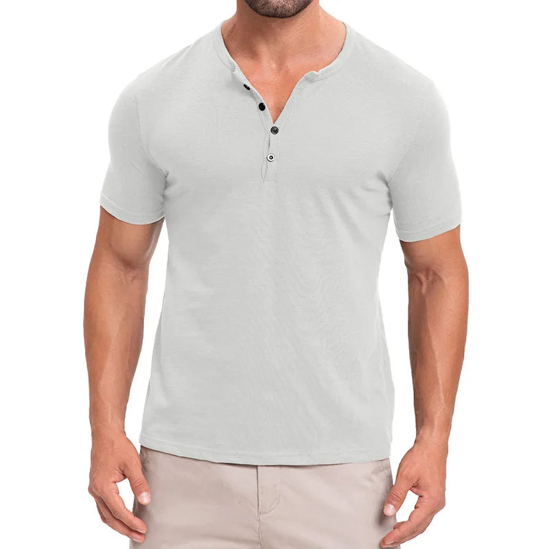Men's Summer Henry Collar Short Sleeve Casual Pullover T-Shirt