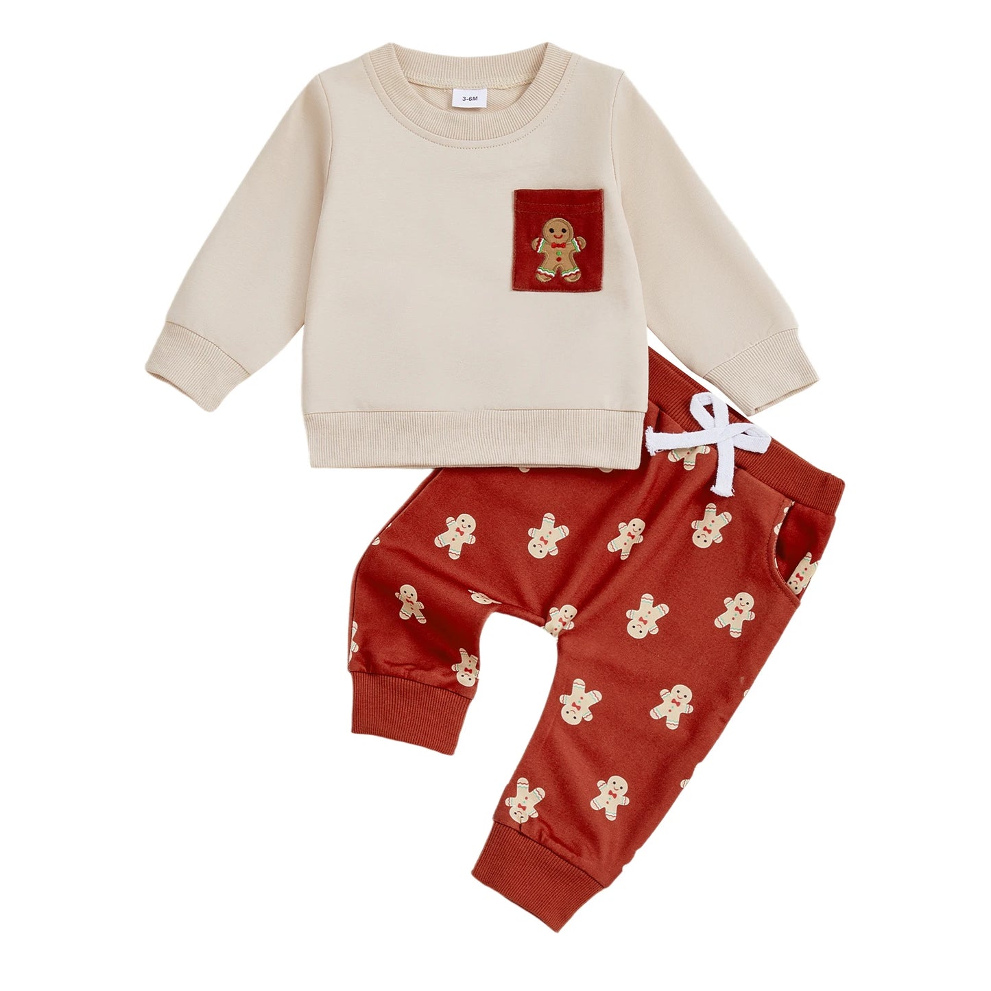 Baby Boys Christmas Gingerbread Outfit Set - Long Sleeve O-Neck Top & Drawstring Pants (0-3Y)