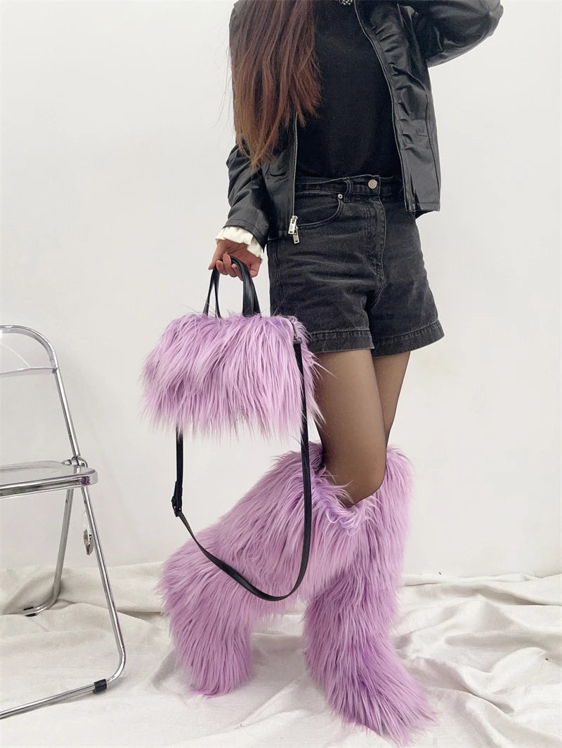 Winter Women Faux Fur Boots And Bag Set - Fluffy Warm Snow Boots Cute Tote Fur Handbag and Platform Plush Boots