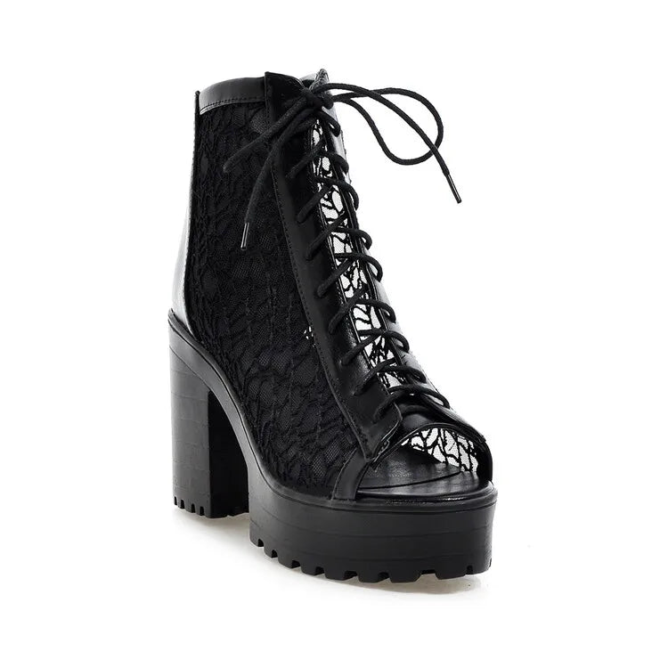 Women's Open Toe Summer Short Back Zipper Leather Mesh Hollow Cool Boots