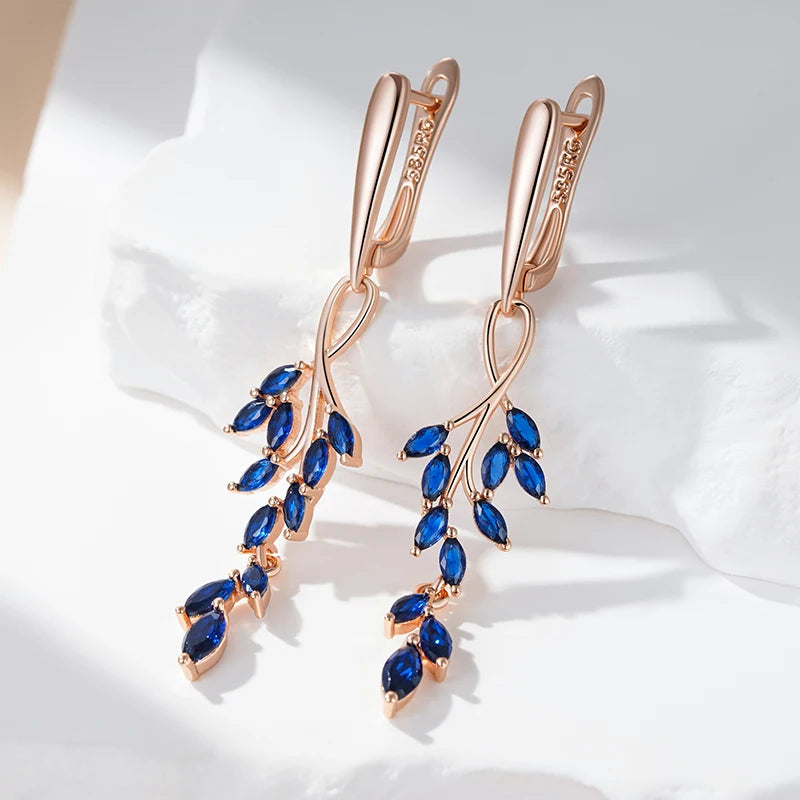 Women 585 Rose Gold Colour Blue Natural Zircon Leaf Shape Long Dangle Earrings