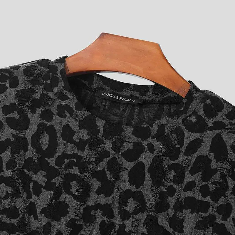 Men's Leopard Print Round Neck Short Sleeve Loose T-shirt