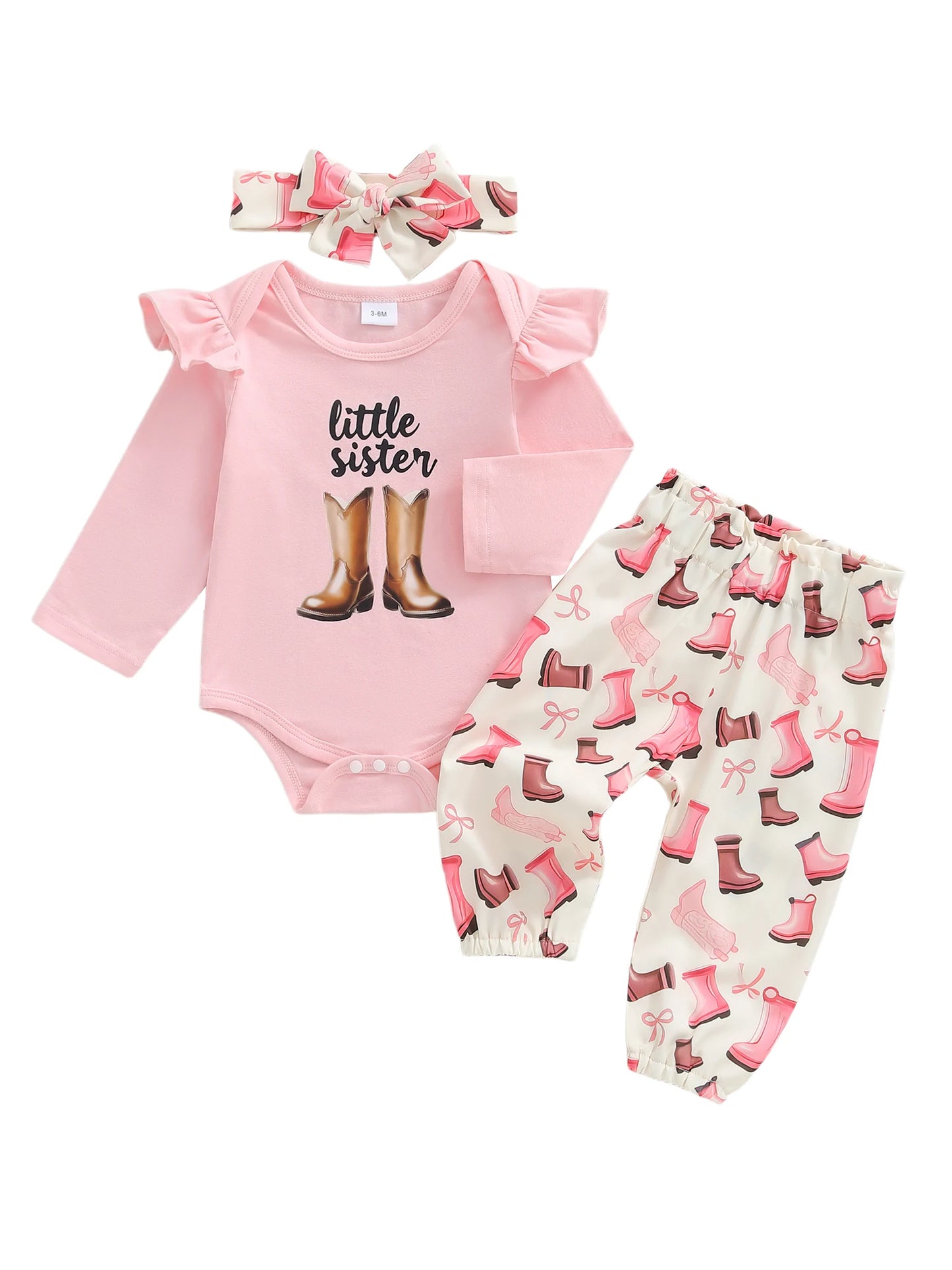 Baby Girls Western Fall Winter Outfit Set - Long Sleeve Romper, Boot Print Pants & Bow Headband (0-18M)