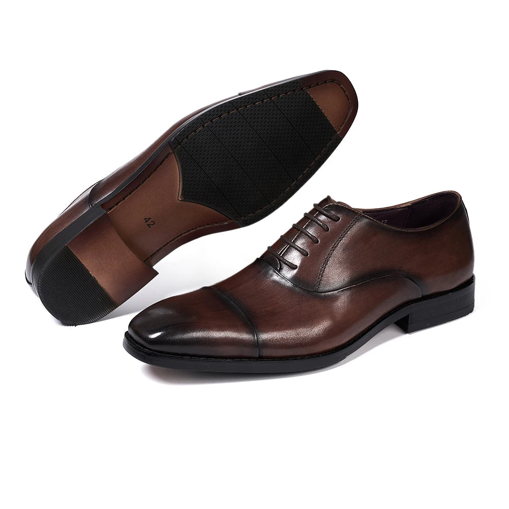 Men's Classic Lace-Up Oxfords Genuine Leather Cap Toe Wedding Party Formal Shoes