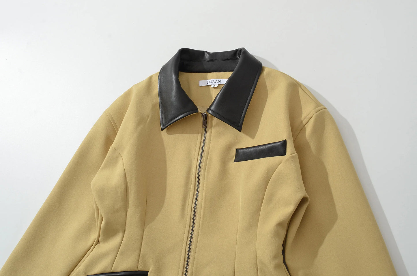 Women's Retro Faux Leather Patchwork Jacket - Slim Fit Long Sleeve Lapel Style