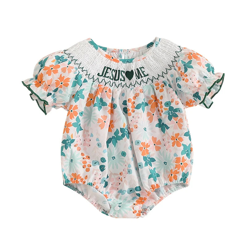 Baby Girls Floral Letter Embroidery Romper - Smocked Short Sleeve Playsuit (0-12M)