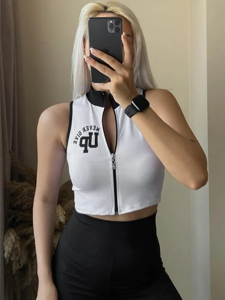 Women Don't Give Up Letters Print  Sleeveless Contrast Colour Crop Top