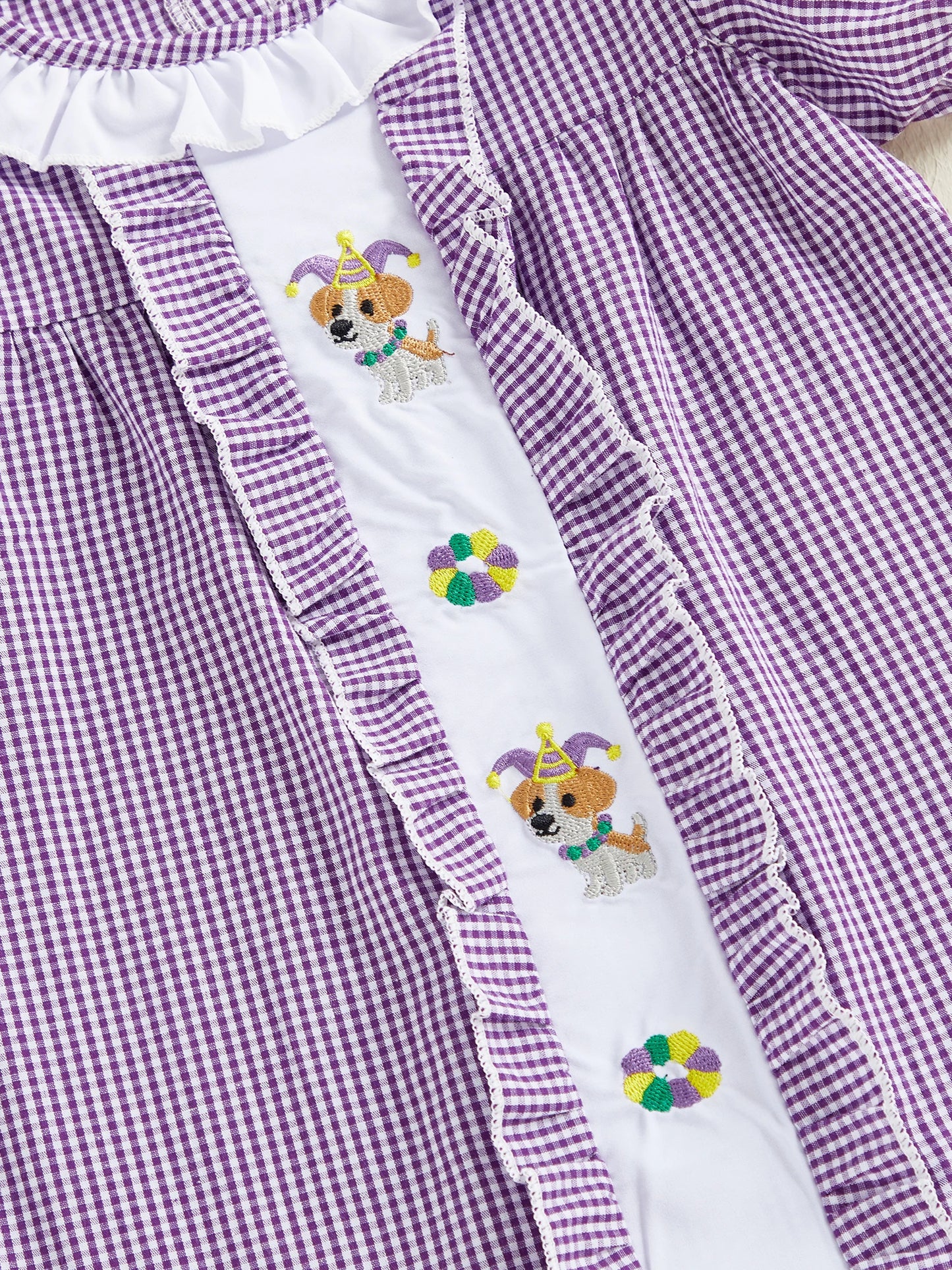 Girls Plaid A-Line Dress - Cartoon Embroidered Ruffle Trim Short Sleeve