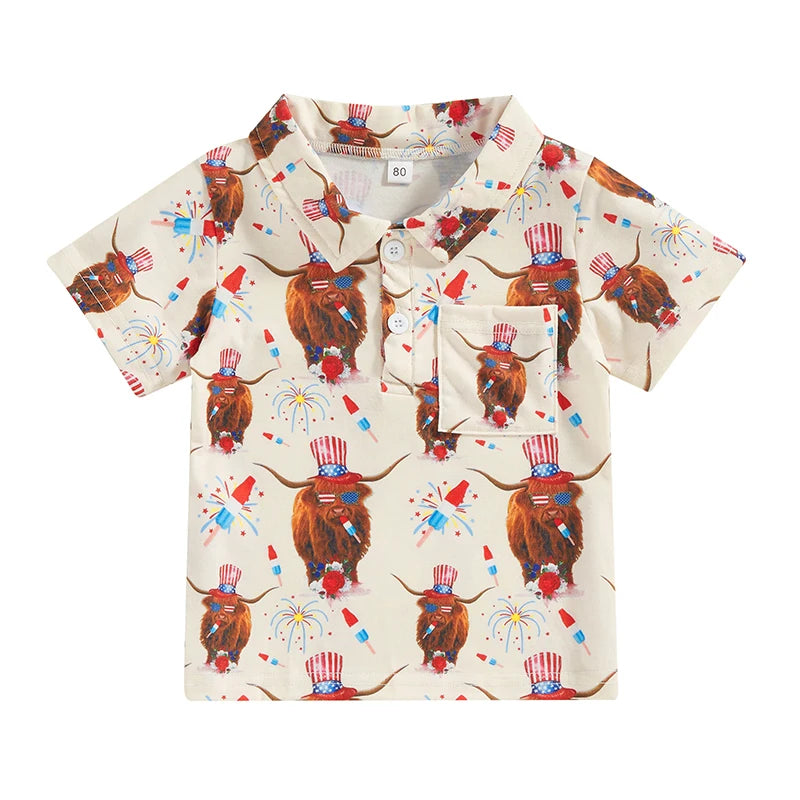 0-4Y Toddler Kids Boys T Shirt Short Sleeve Eagle/Donut/Bull/Fireworks Print Pullover Tops for Independence Day