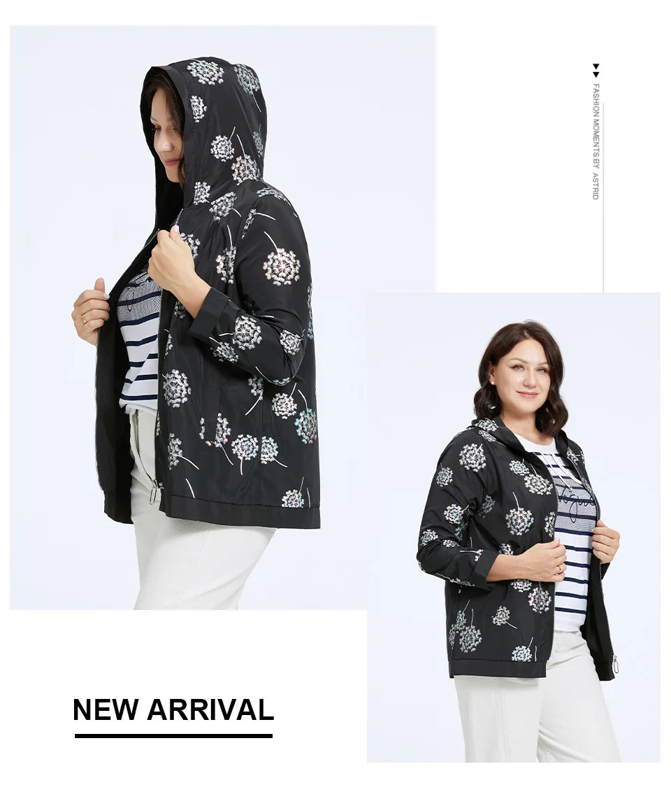 Women's Oversized Hooded Flower Print Zip Windbreaker Jacket