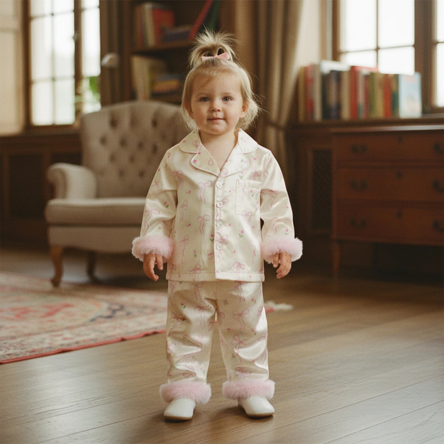 Toddler Girls Satin Pajama Set - Bow Furry Cuff Long Sleeve Top & Pants (1-5Y)