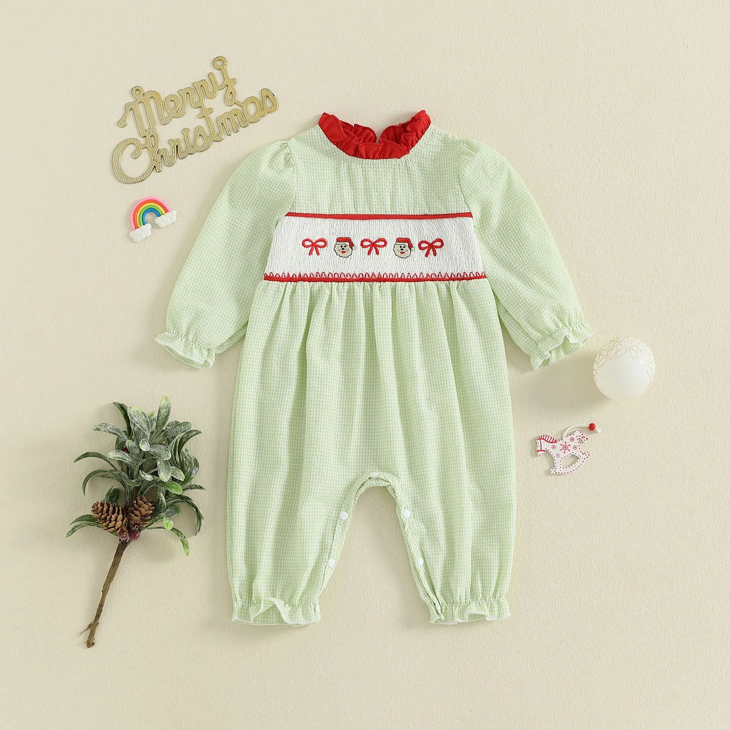 Baby Girls' Christmas Romper - Santa & Gingerbread Embroidery Smocked Long Sleeve Jumpsuit