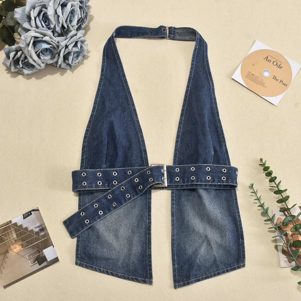 Women's Denim Cut Out Adjustable Strap Top - Plunge Backless Halter Neck Tank Top