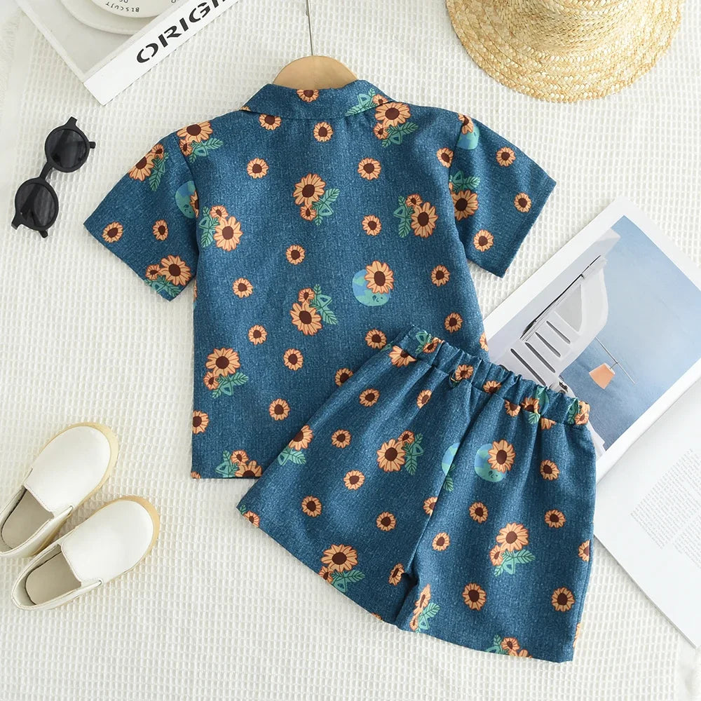 Children's Blue Denim Set with Sunflower Printed Collar Shirt and Shorts 2-piece Set