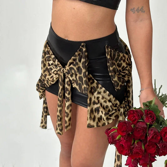 Women's Leopard Bows Super Short  High Waist Patchwork Skirt