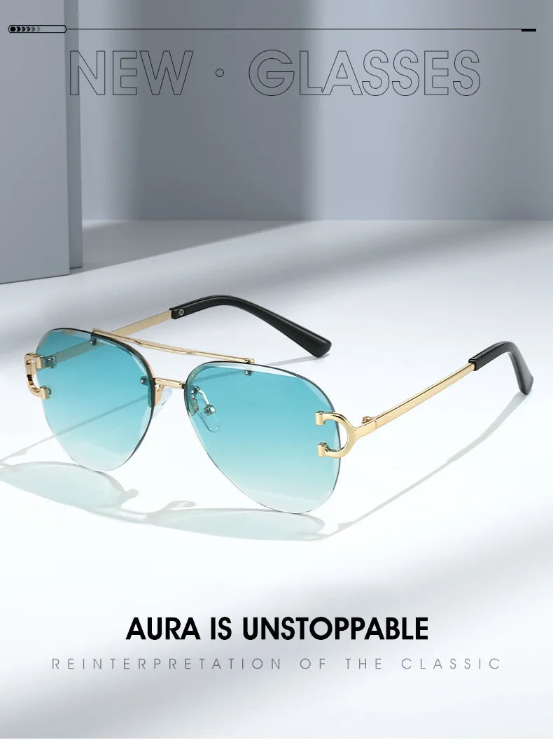 Unisex Vintage Rimless Classic Double Bridge Pilot Gradient Sunglasses