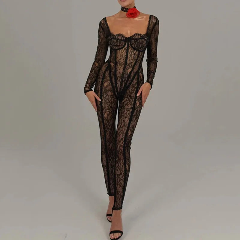 Women's Sheer Lace Hollow Out Jumpsuits Zip Up Backless Outfits - Unitards Square Neck One Piece