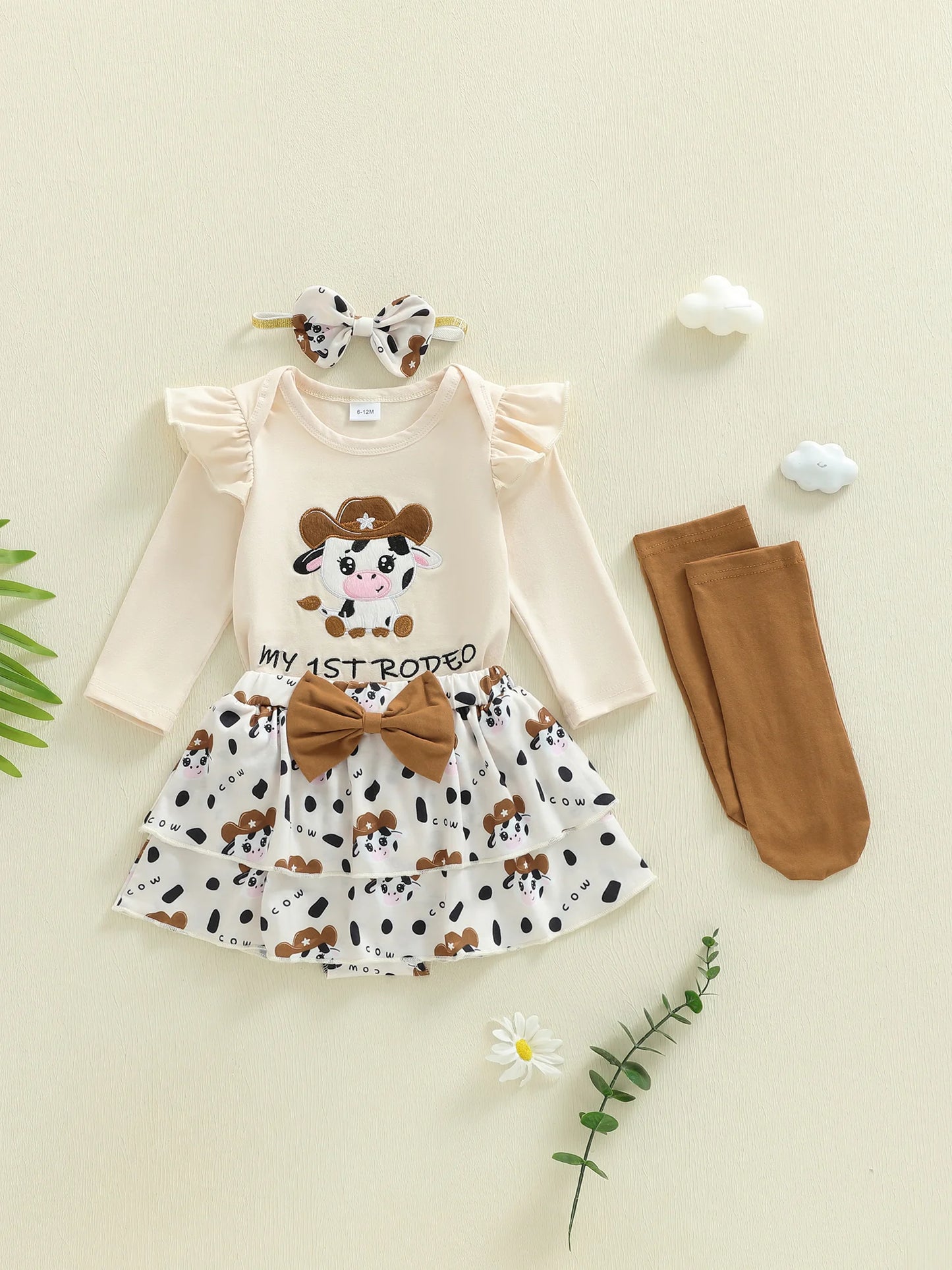 Newborn Baby Girls Boys Outfit Set - Cow Embroidery Romper with Skirt & Accessories 0-12M