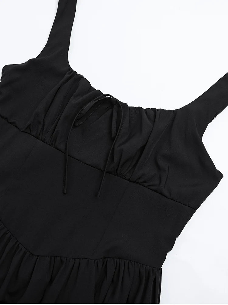 Elegant Summer Midi Dress Square Neck Sleeveless Backless Pleated A-line Dress