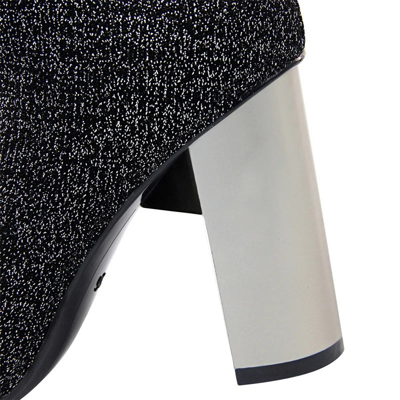 Women's Elastic Sock Boots - Metal Block Heel Ankle Boots Plus Size Available