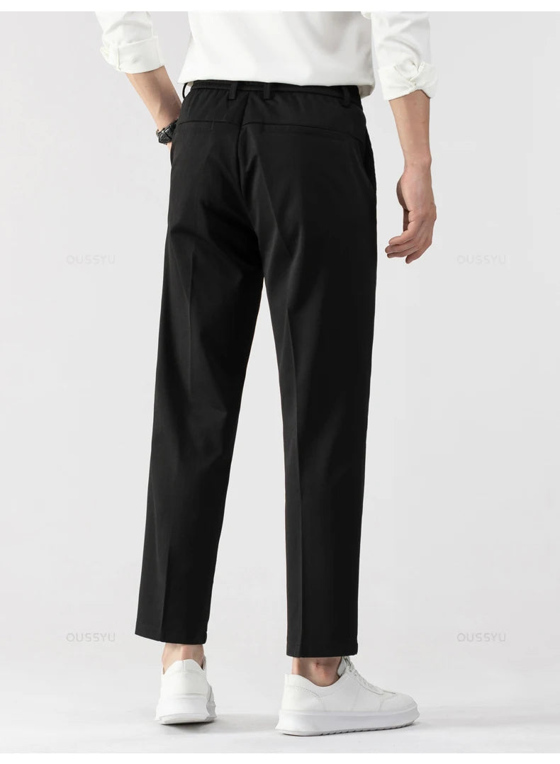Men's Ankle-Length Straight Leg Trousers | Elastic Waist | Sash Detail | Midweight | All Season | Smart Casual