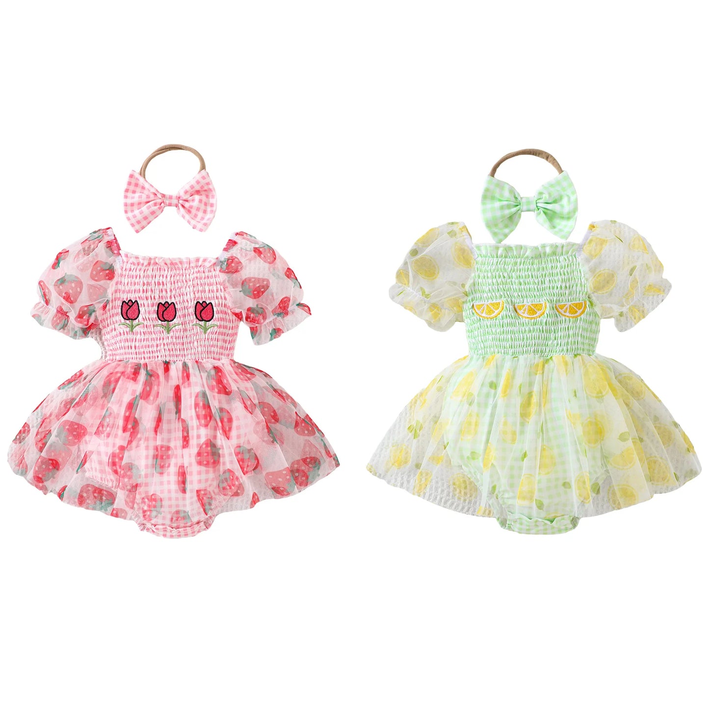 Fruit Embroidered Romper Dress with Headband - Baby Girls (0-18M)