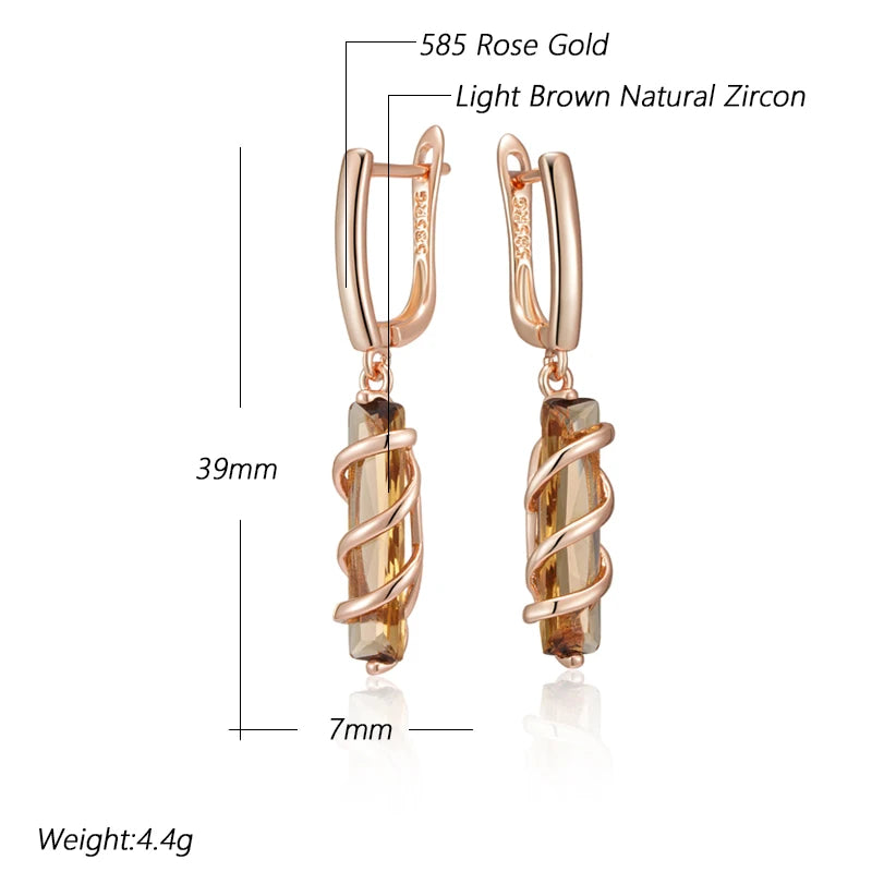 Women Light Brown Natural Zircon Drop Earrings 585 Rose Gold Colour