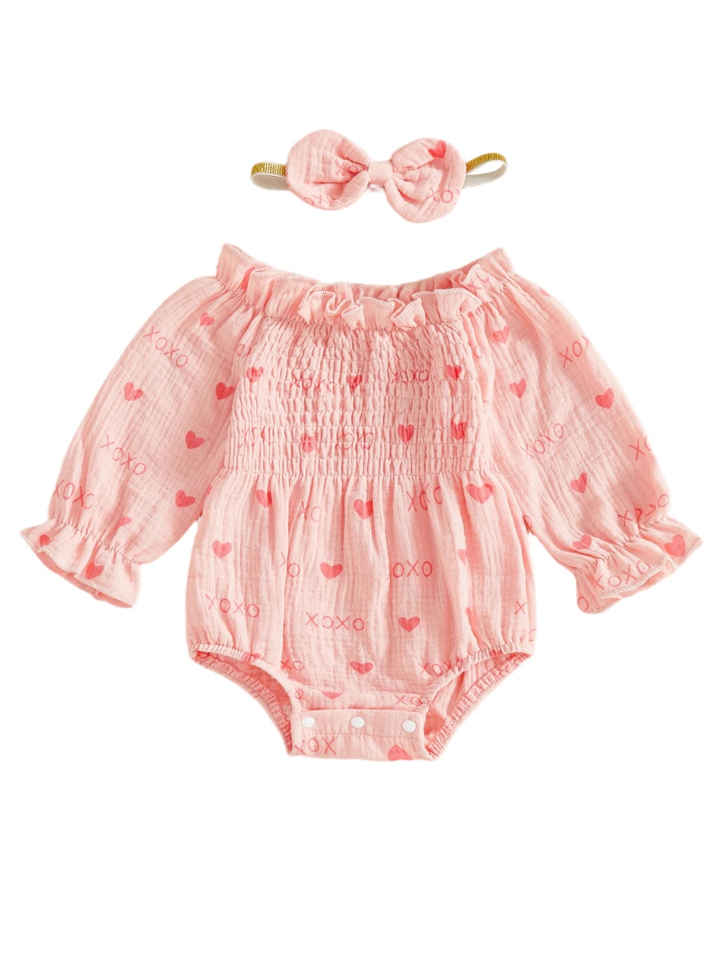 Baby Girls Valentine's Day Romper - Heart Print Smocked Jumpsuit with Headband 0-18M