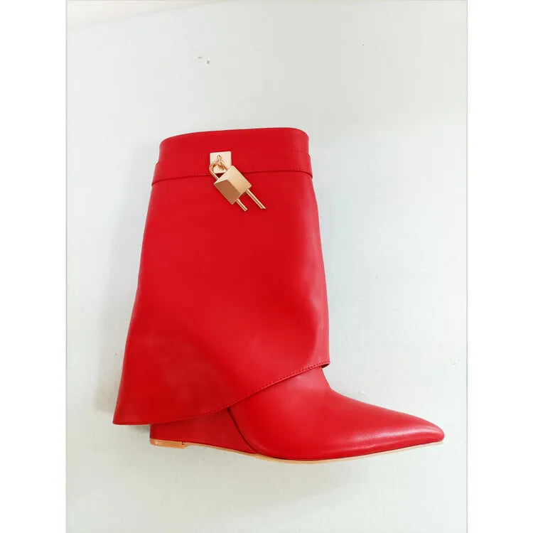 Women's Wedge Leather Mid-Calf Boots - 10cm Heel Metal Buckle Boots