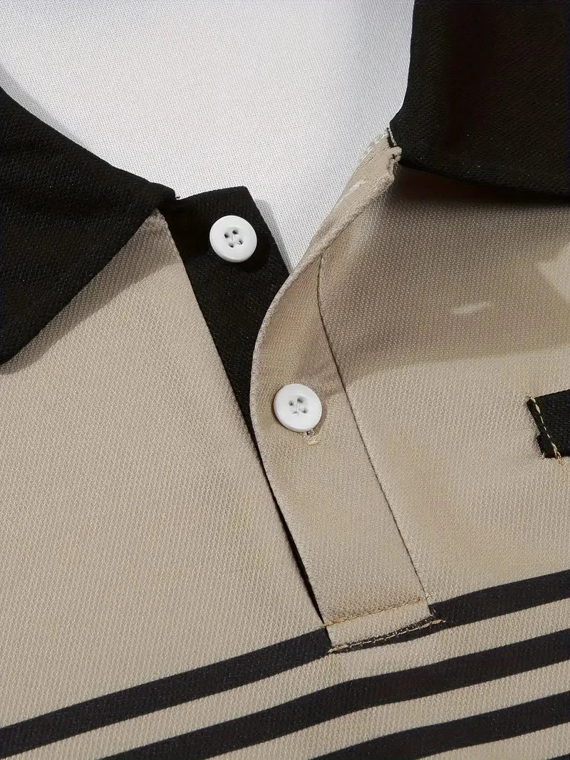 Men's Summer Polo Patchwork Short Sleeve Smart Casual Striped Turn Down Collar Shirt