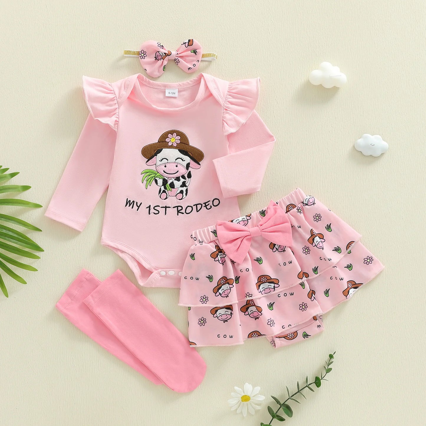 Newborn Baby Girls Boys Outfit Set - Cow Embroidery Romper with Skirt & Accessories 0-12M