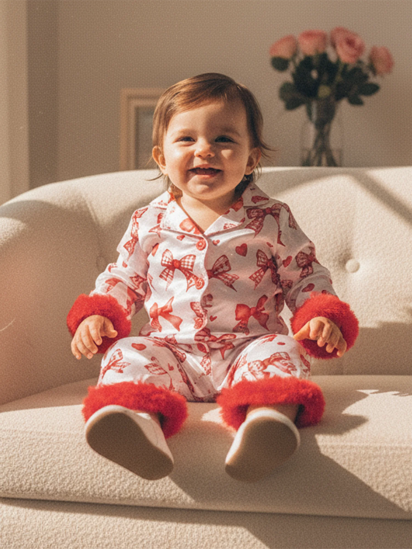 Baby Girls Romper - Heart Print Lapel Collar Jumpsuit with Fur Cuffs