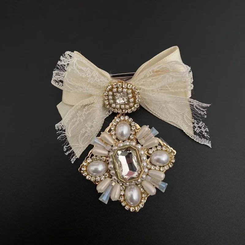 Women's Rhinestone Pearl Bow Brooches Fabric Flower Badge High-end Fixed Lapel Pins