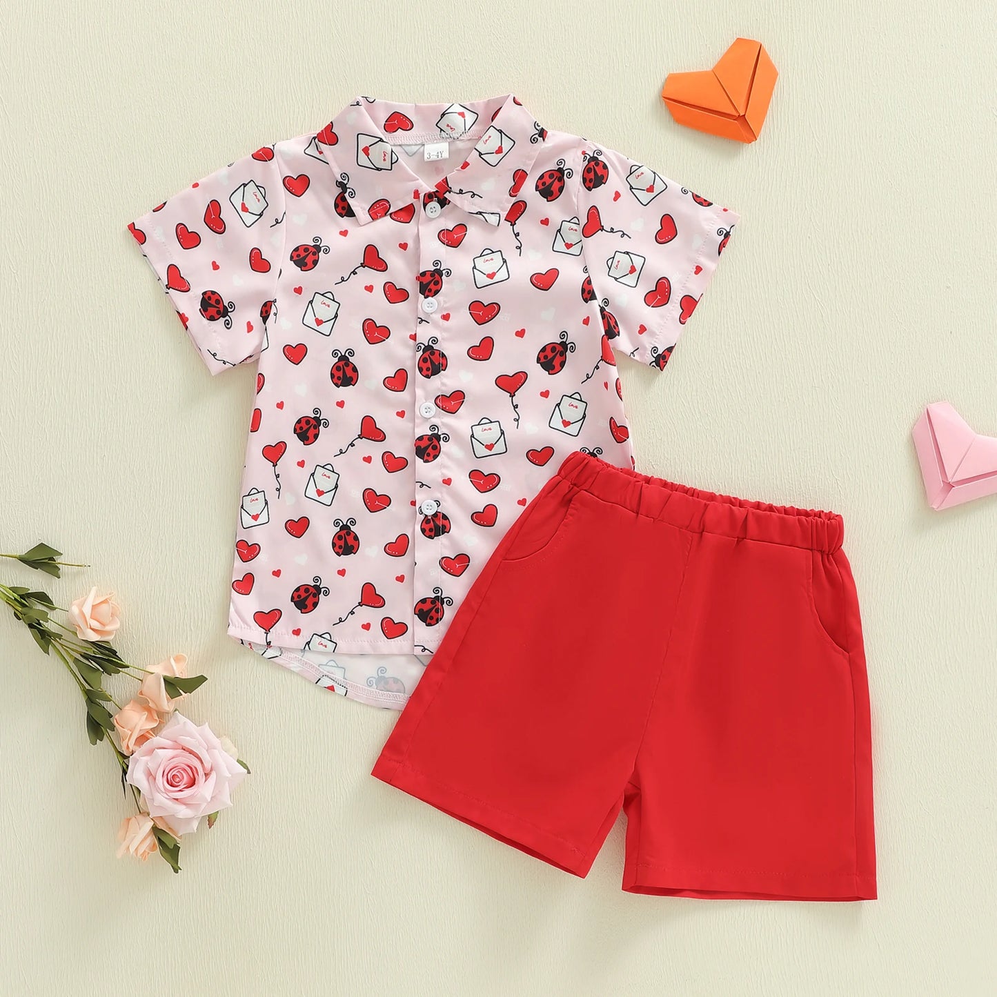 Toddler Boys Valentine's Day Gentleman Outfit Set - Heart Print Shirt & Shorts 1-5Y