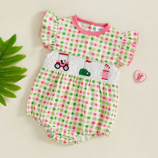 Baby Girls Car Embroidery Romper - Ruffles Fly Sleeve Smocked Jumpsuit (0-18M)