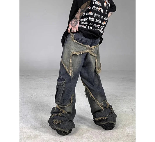 Men's Vintage Baggy Jeans Star Patchwork Loose Straight Denim Jeans