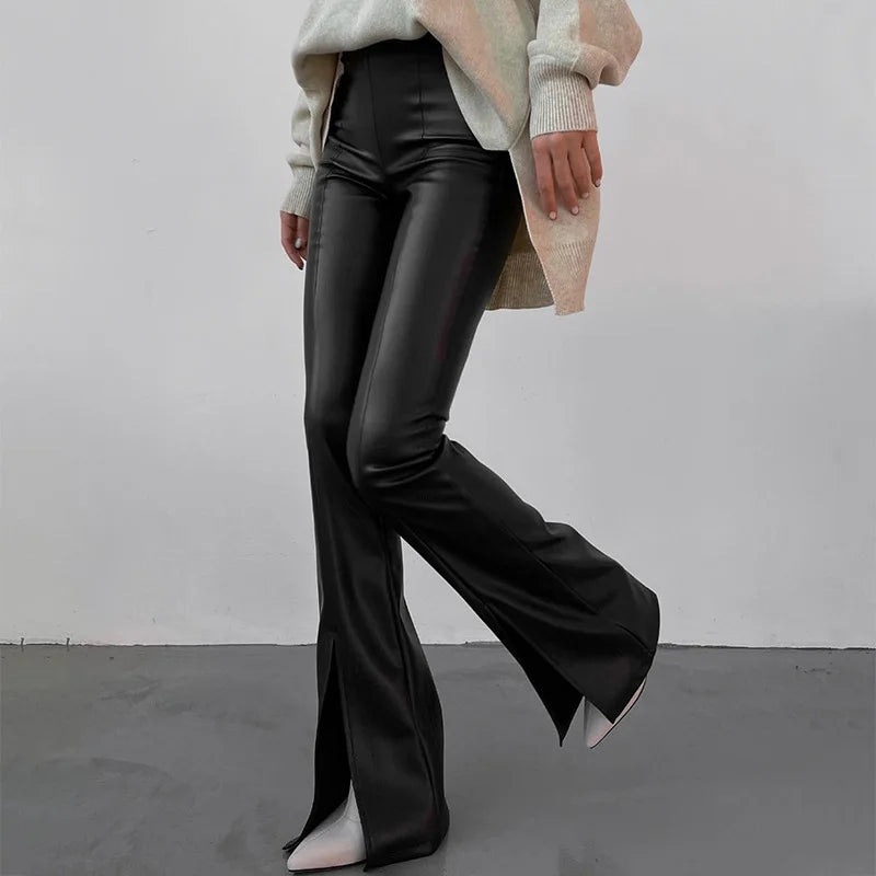 Women's Chic Fashion PU Leather High Rise Flare Pants - Split Trousers