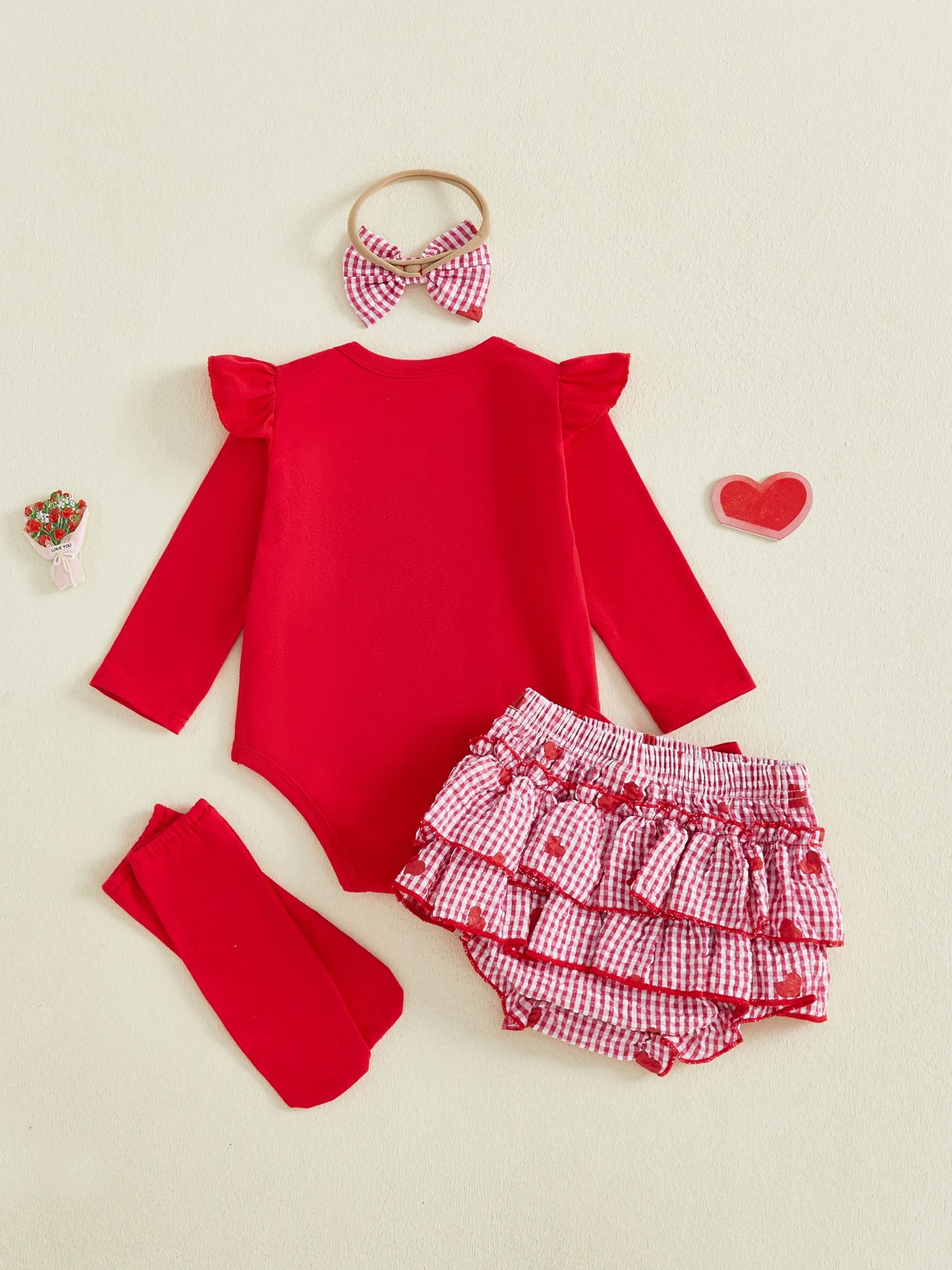 Baby Valentine's Day 4-Piece Outfit Set - Romper, Skirt, Leg Warmers & Headband